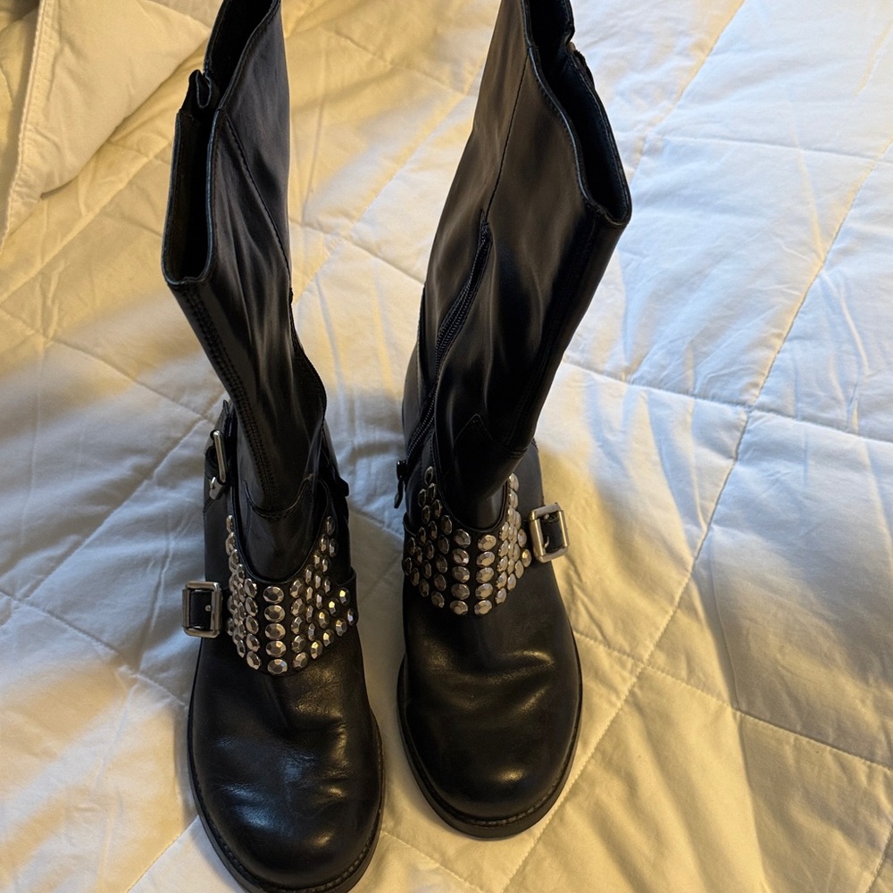 BCBGeneration Black Learher Heeled Boots with Silver Accents